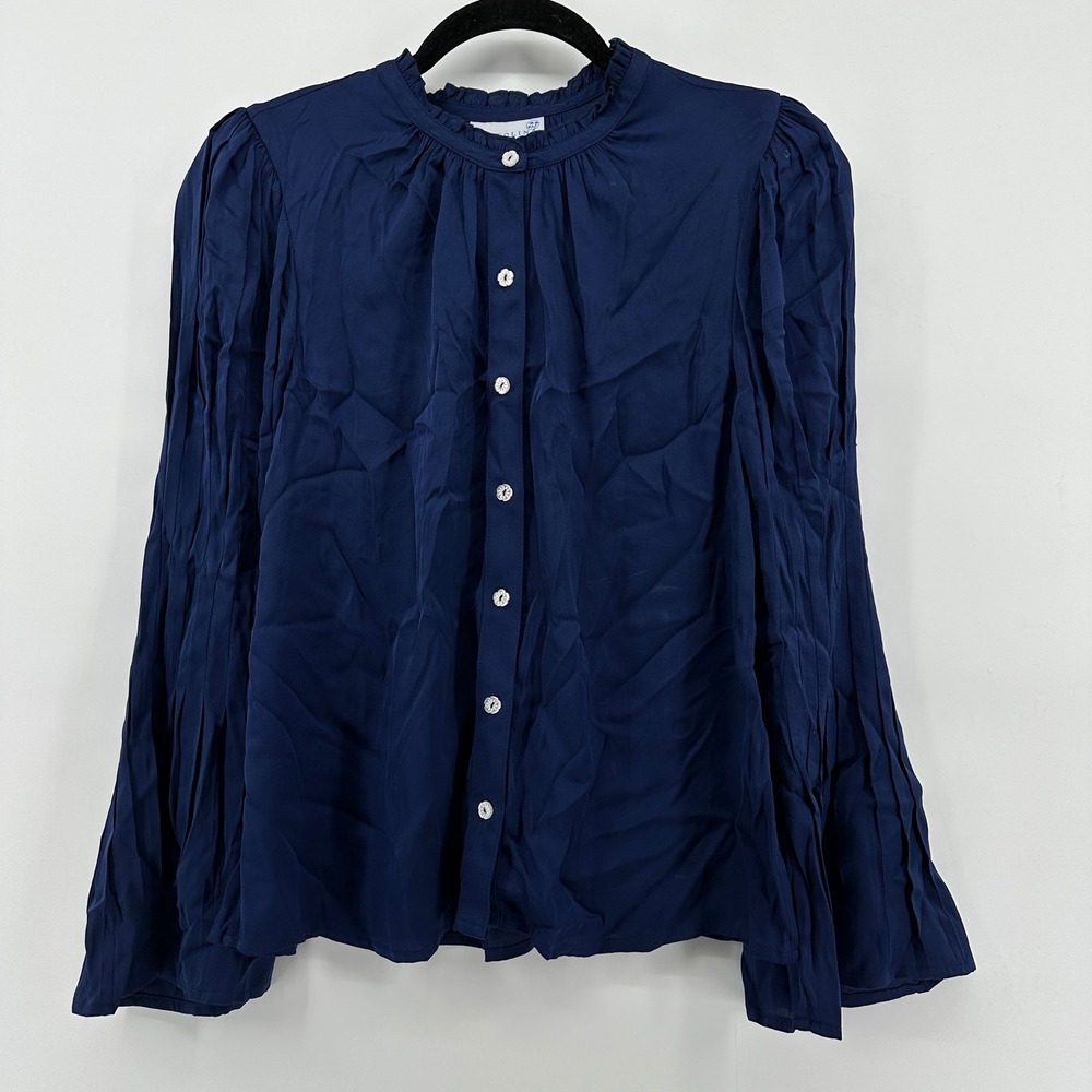 Cartolina Navy Blue Thea Silk Blend Ruffle Neck Pleated Sleeve Blouse XXS